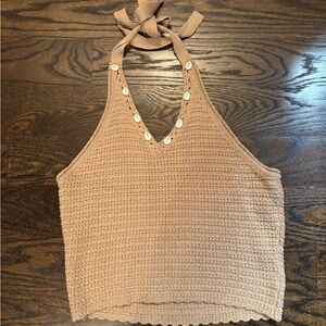 Blue Rain Tan Knit Halter Top with Shell Details